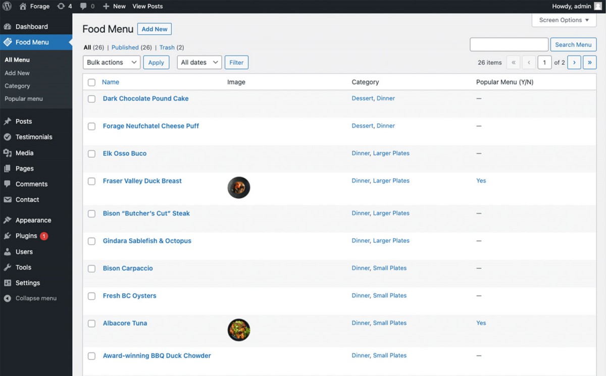 Food menu CMS